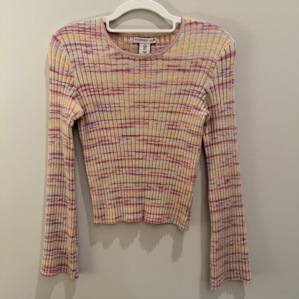 Sincerelyโ Jules Womens Space Dye Ribbed Knit Bell Sleeve Top Pink Orange Small